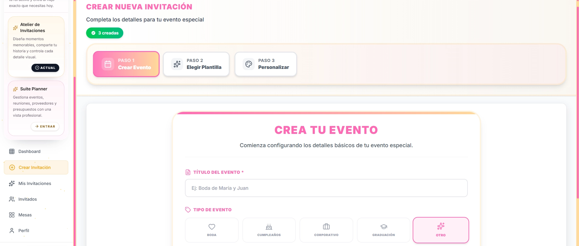 Pantalla de creación de evento