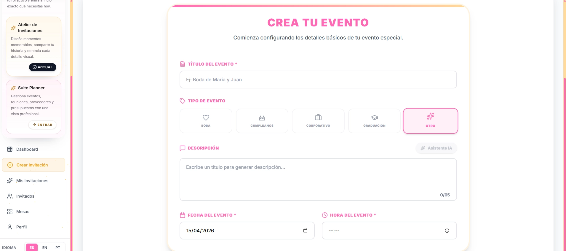 Formulario de configuración del evento en Celebria